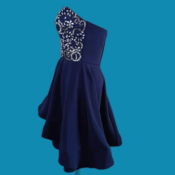 B. Darlin Blue Rhinestone Strapless Formal Dress 5/6 Prom HOCO Flouncy Short - Picture 3 of 7